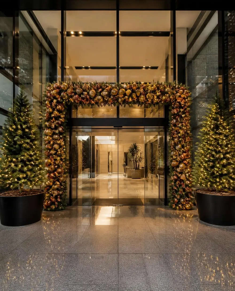 Entrada de prédio comercial com arco de guirlanda iluminado