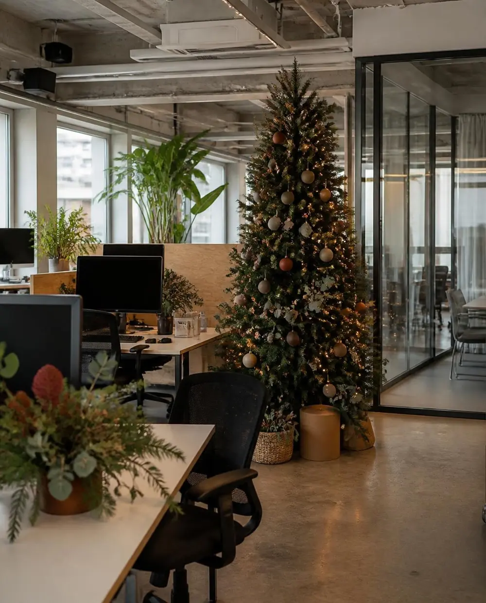 Árvore de Natal decorada entre as mesas de um escritório